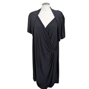 Vintage Womens Plus Size 22 Faux Wrap Dress Solid All Black Short Sleeve Ruched